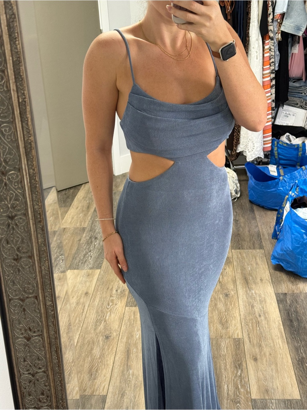 Cutout Spaghetti-Strap Maxi Dress in Dusty Blue